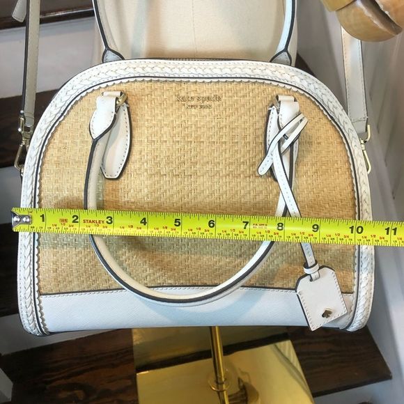 KATE SPADE White Leather Rattan Two Top Handle Tote Zipper Closure Crossbody Bag - Picture 9 of 17